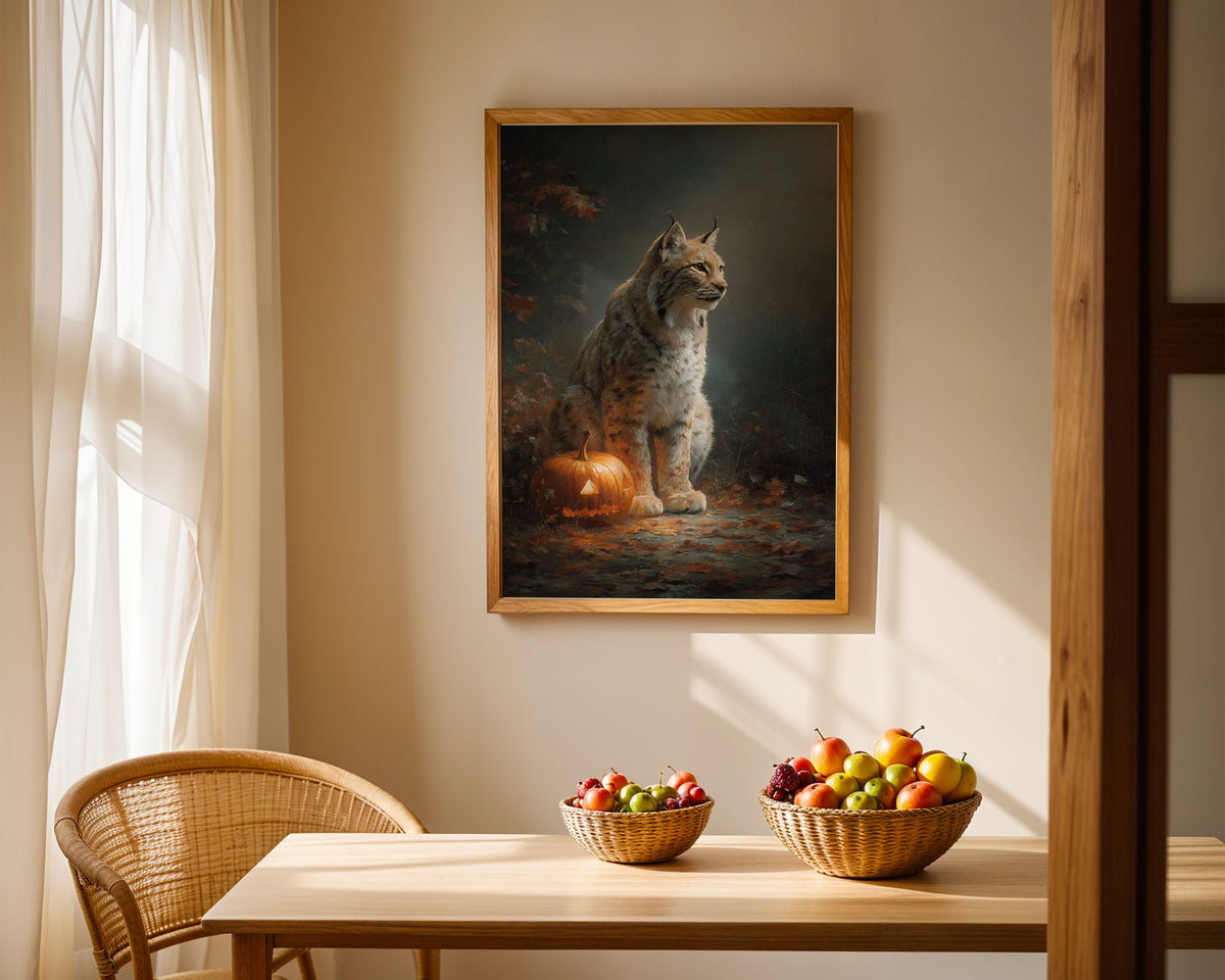 Lifestyle Posters A4 - Autumn season wildlife artwork with lynx and leaves