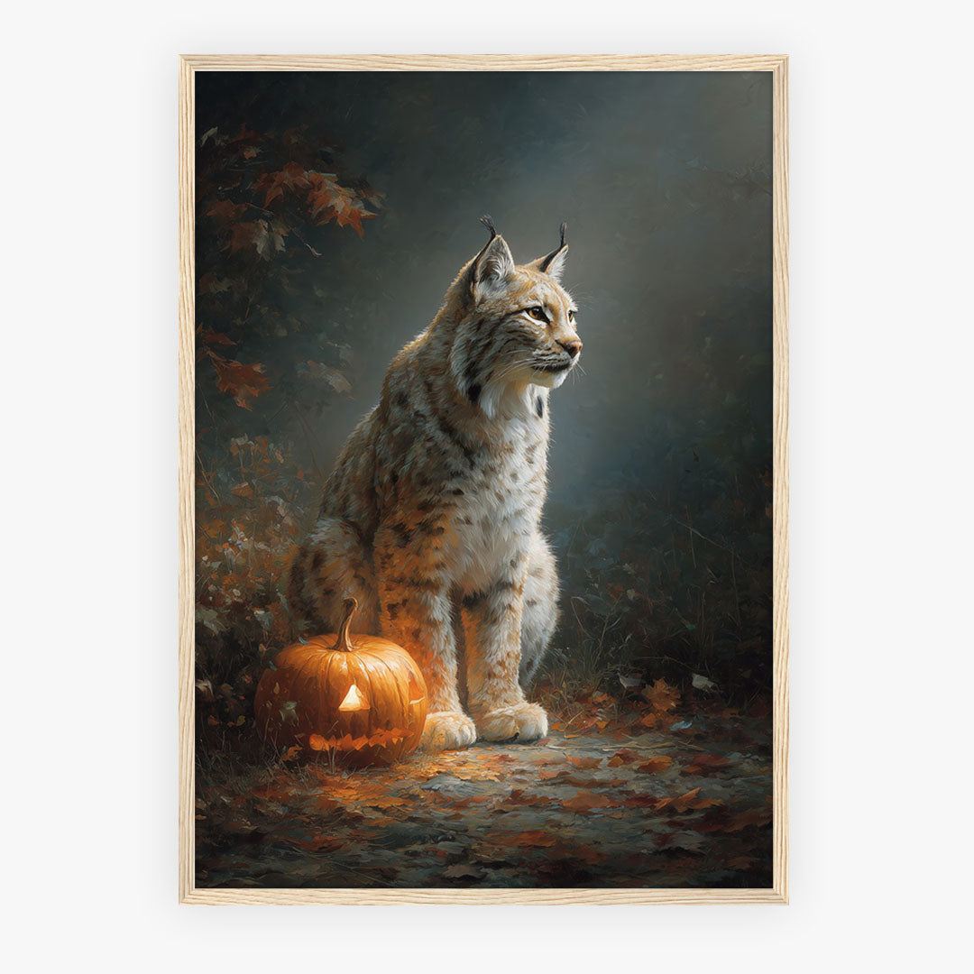 Lifestyle Posters A4 - Nature-inspired print of lynx beside carved pumpkin