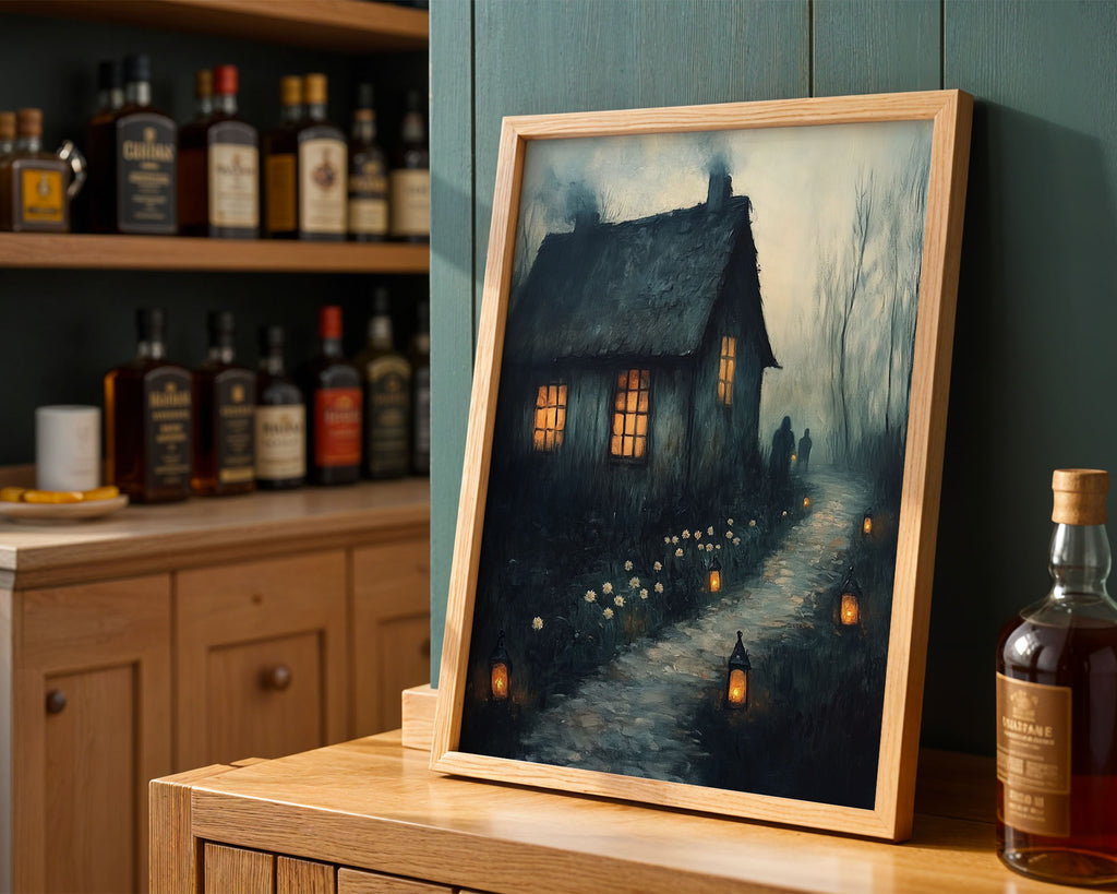 Lifestyle Posters A4 - Dark cottage with glowing windows and lantern-lit path through misty landscape