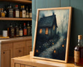 Lifestyle Posters A4 - Dark cottage with glowing windows and lantern-lit path through misty landscape