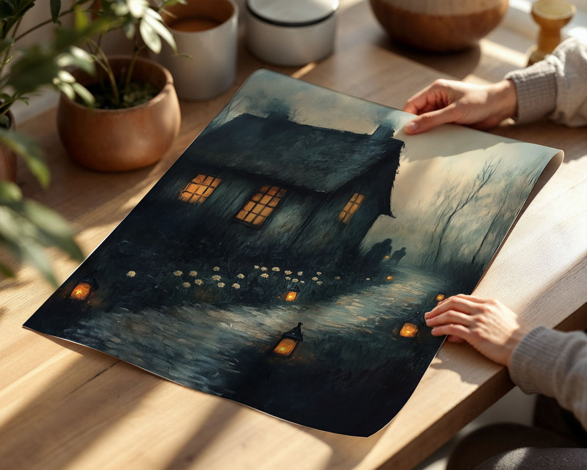 Lifestyle Posters A4 - Moody painting of cottage with golden lit windows surrounded by shadow and fog