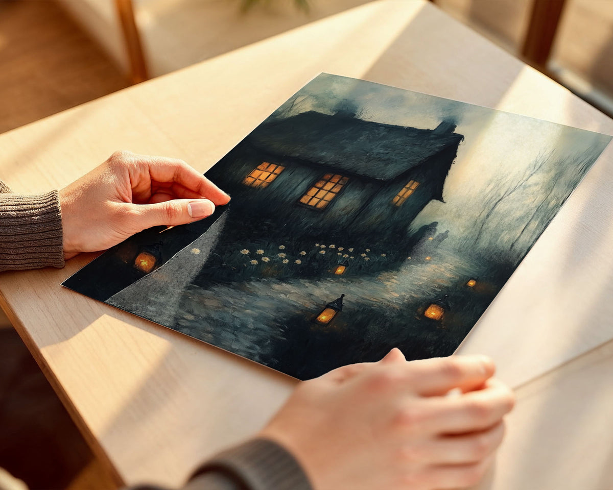 Lifestyle Posters A4 - Atmospheric cottage scene with lanterns lining path and white flowers below