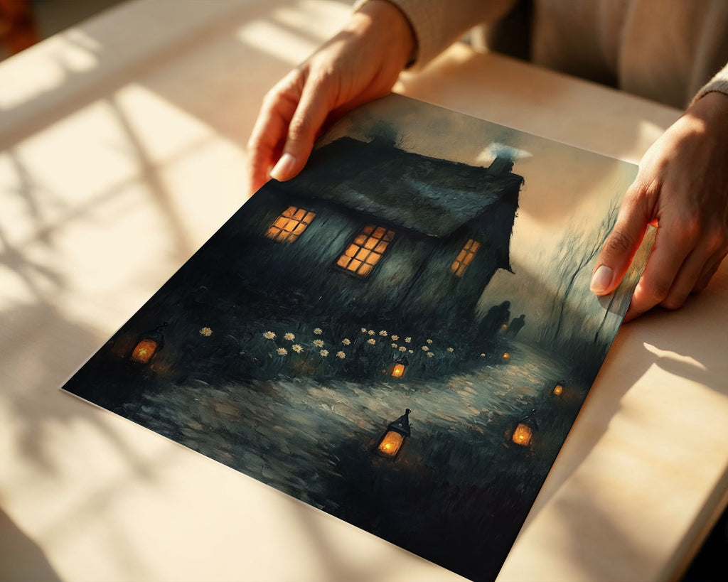 Lifestyle Posters A4 - Gothic cottage artwork showing darkened building with warm interior light glowing