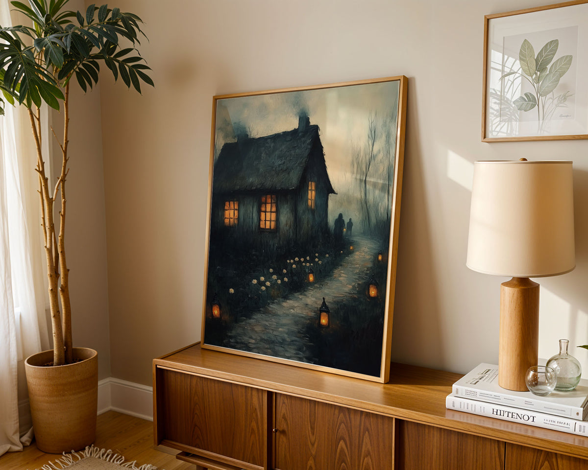 Lifestyle Posters A4 - Mysterious landscape with silhouetted figures approaching illuminated cottage at dusk
