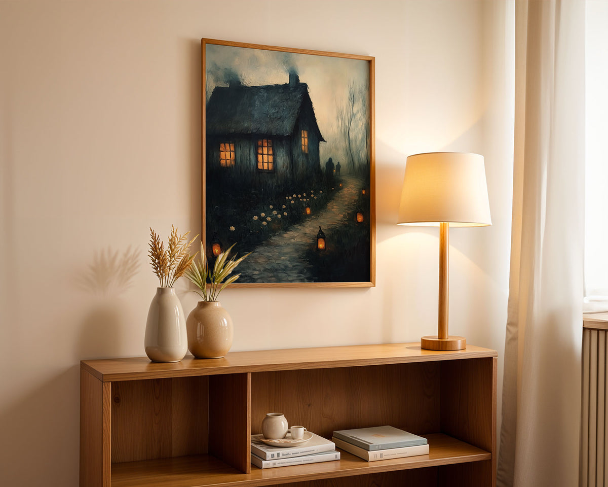 Lifestyle Posters A4 - Dark fairytale cottage poster with lanterns and pale flowers along shadowed pathway