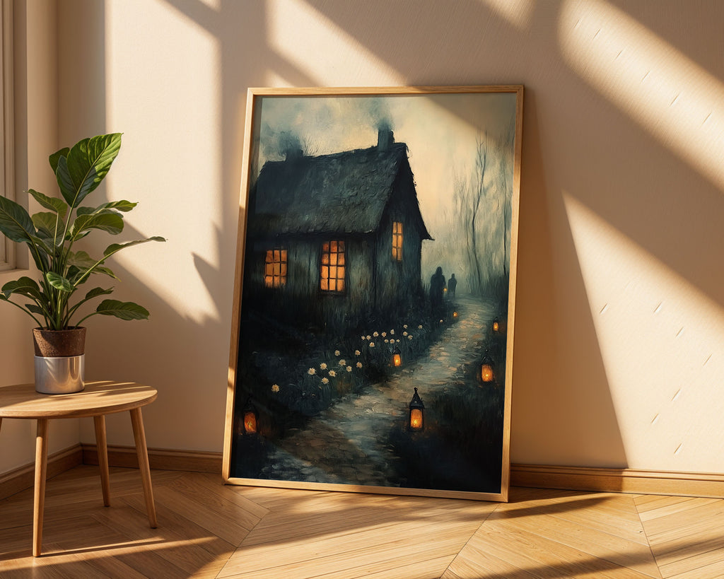 Lifestyle Posters A4 - Moody cottage print featuring golden windows and atmospheric misty surroundings