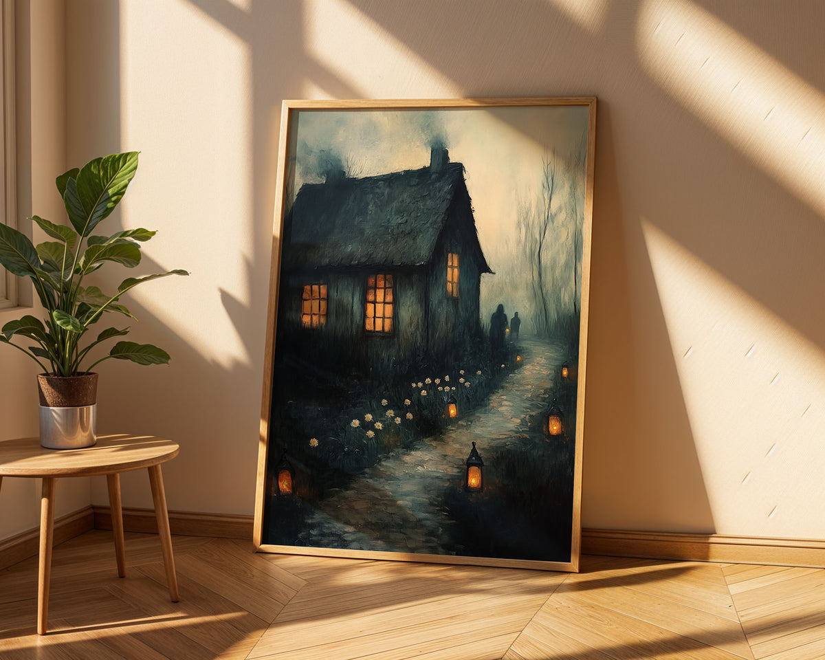 Lifestyle Posters A4 - Moody cottage print featuring golden windows and atmospheric misty surroundings