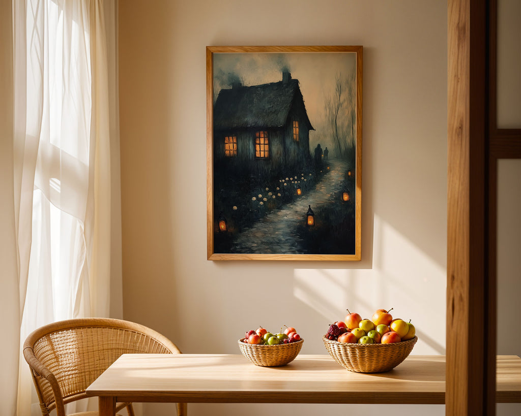 Lifestyle Posters A4 - Gothic landscape art showing solitary cottage with glowing windows in darkness