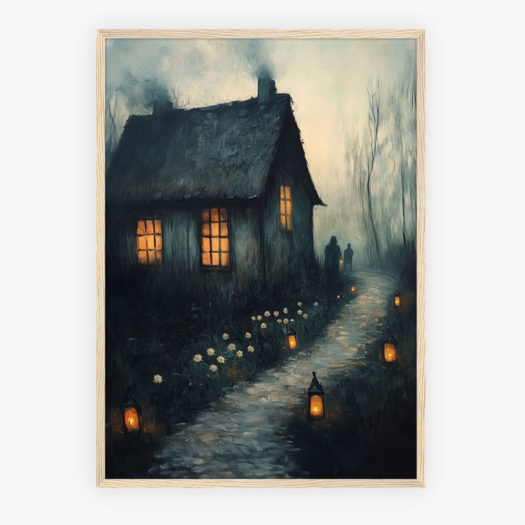 Lifestyle Posters A4 - Atmospheric cottage painting with delicate white flowers and warming lantern light