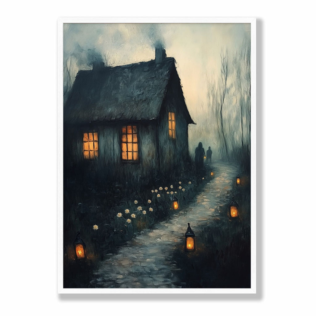 Lifestyle Posters A4 - Dark mysterious cottage scene with golden windows and shadowy figures in mist