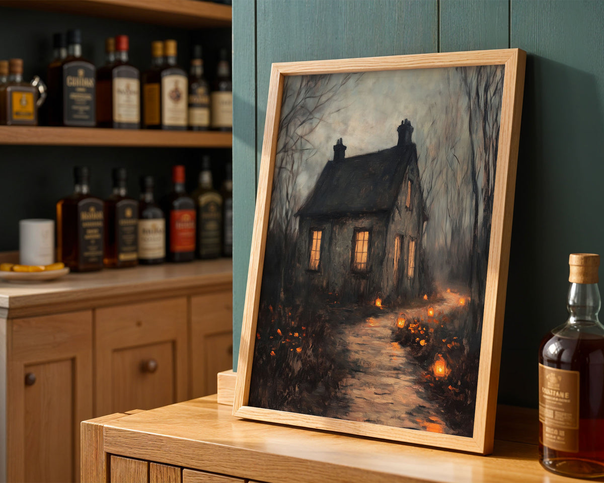 Lifestyle Posters - Haunted cottage with glowing windows and lantern-lined path on matte poster
