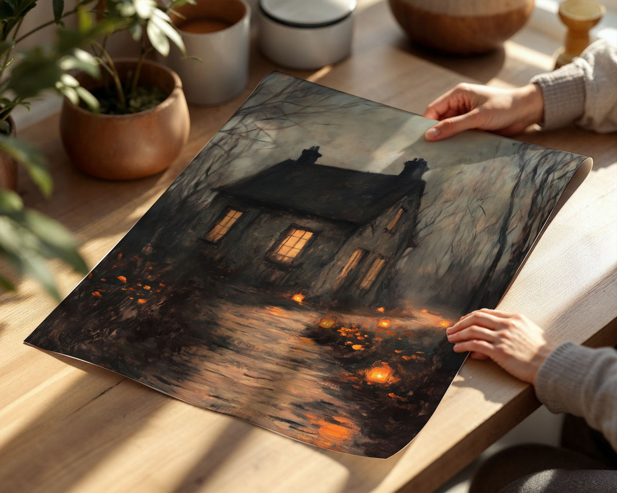 Lifestyle Posters - Gothic cottage artwork with amber-lit windows surrounded by bare trees