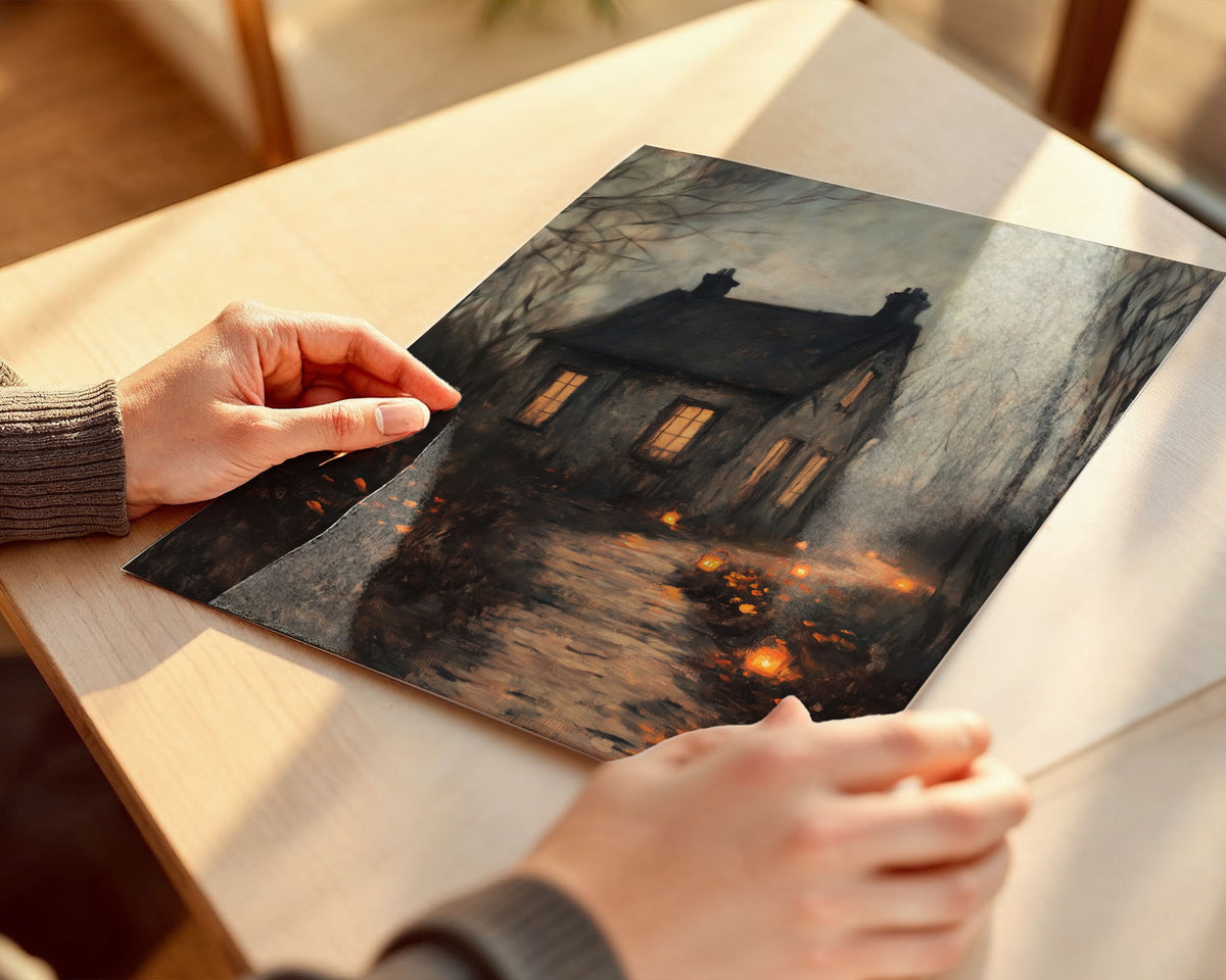 Lifestyle Posters - Moody haunted house print with golden lanterns along a misty pathway