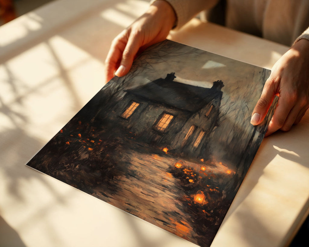 Lifestyle Posters - Dark romantic cottage illustration with warm window light and misty atmosphere