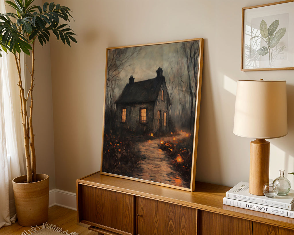 Lifestyle Posters - Atmospheric cottage art featuring eerie stone building with warm glowing lights