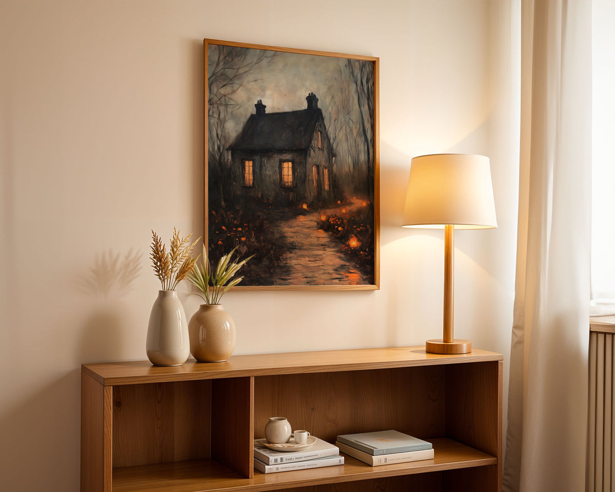 Lifestyle Posters - Spooky cottage poster with bare branches, lanterns and golden light
