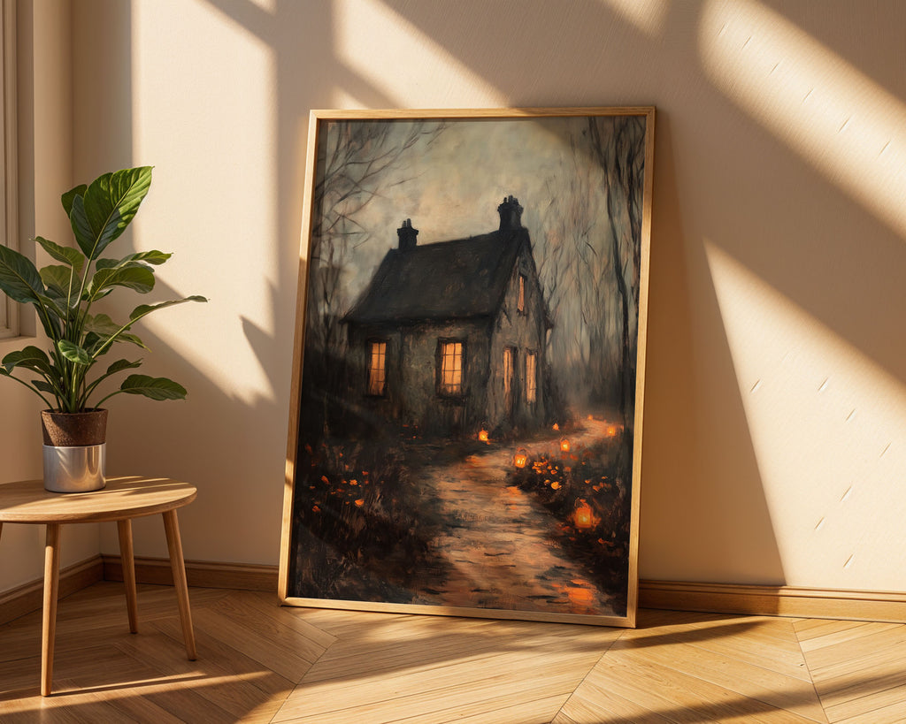 Lifestyle Posters - Gothic haunted cottage print with mysterious dark setting and warm accents