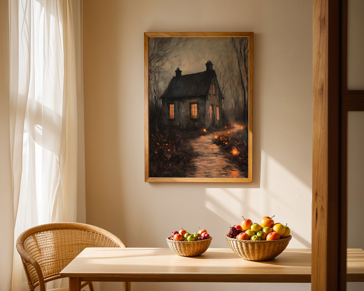 Lifestyle Posters - Moody artwork of isolated cottage surrounded by darkness and glowing lanterns