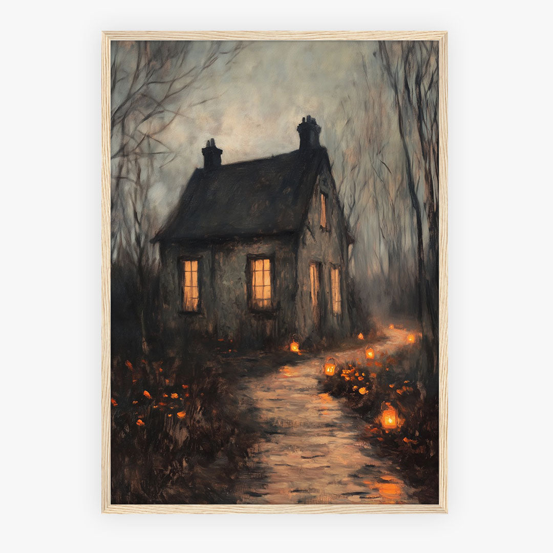 Lifestyle Posters - Dark academia style cottage art with atmospheric grey and amber tones