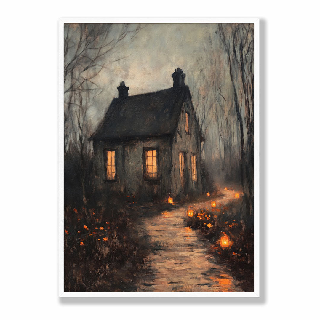 Lifestyle Posters - Haunted house print featuring Gothic architecture and ethereal misty landscape