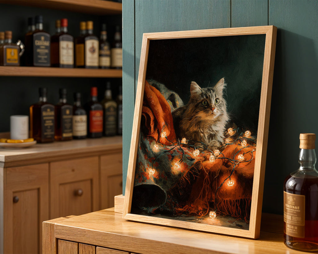 Lifestyle Posters A4 - Tabby cat surrounded by glowing pumpkin lights on orange fabric and dark background