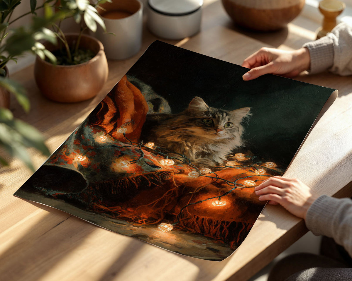 Lifestyle Posters A4 - Close-up of fluffy cat's face with amber eyes among warm autumn string lights