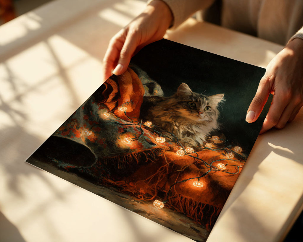 Lifestyle Posters A4 - Printed poster mounted on wall showing cosy autumn cat scene with pumpkin lights