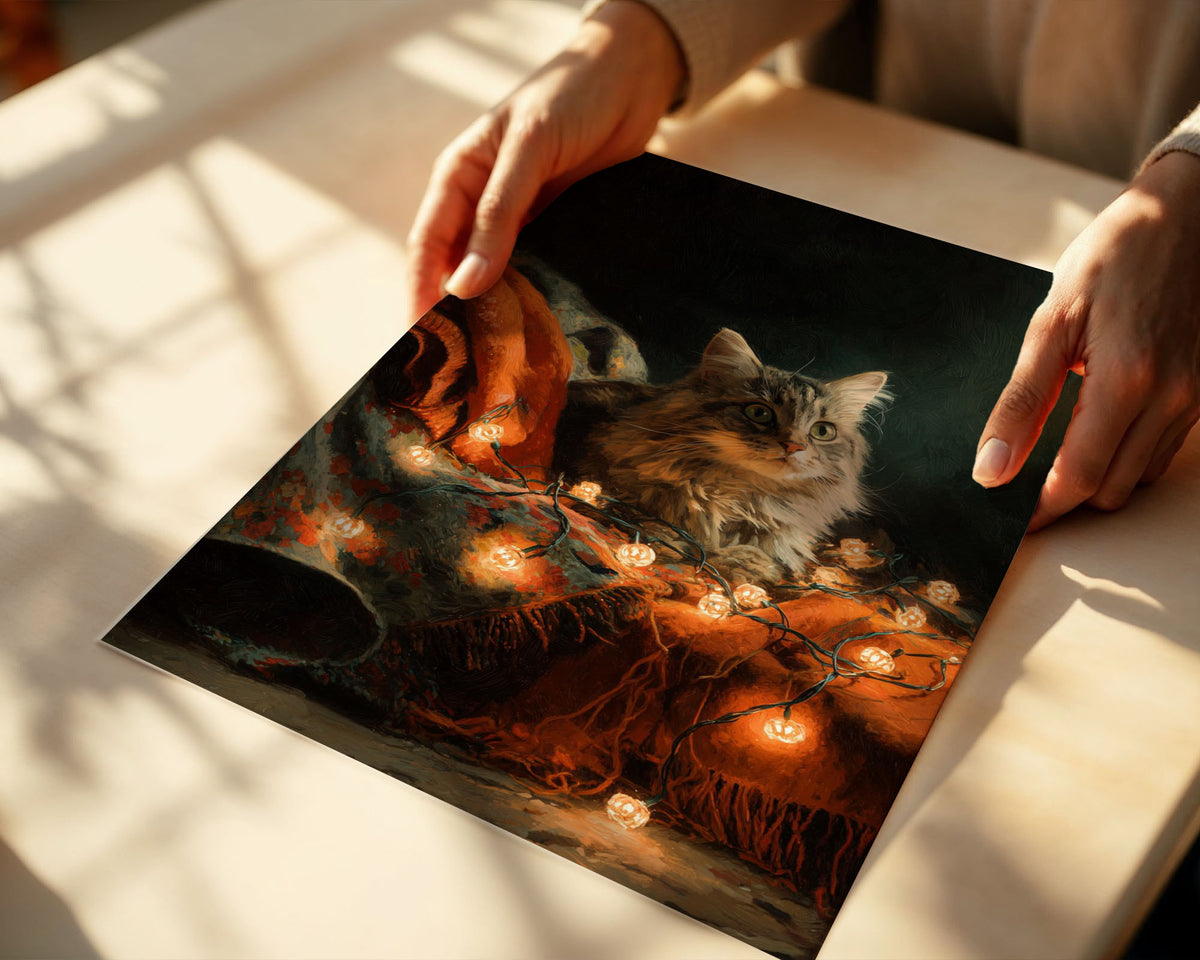 Lifestyle Posters A4 - Printed poster mounted on wall showing cosy autumn cat scene with pumpkin lights