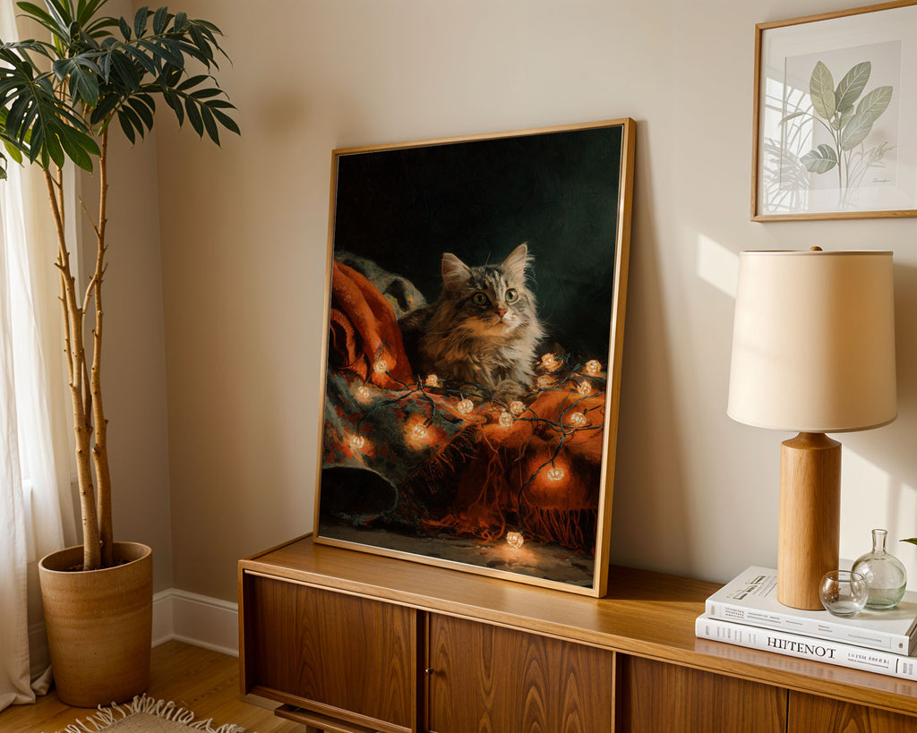Lifestyle Posters A4 - A4 size poster featuring cat and glowing lights in rich autumn colours
