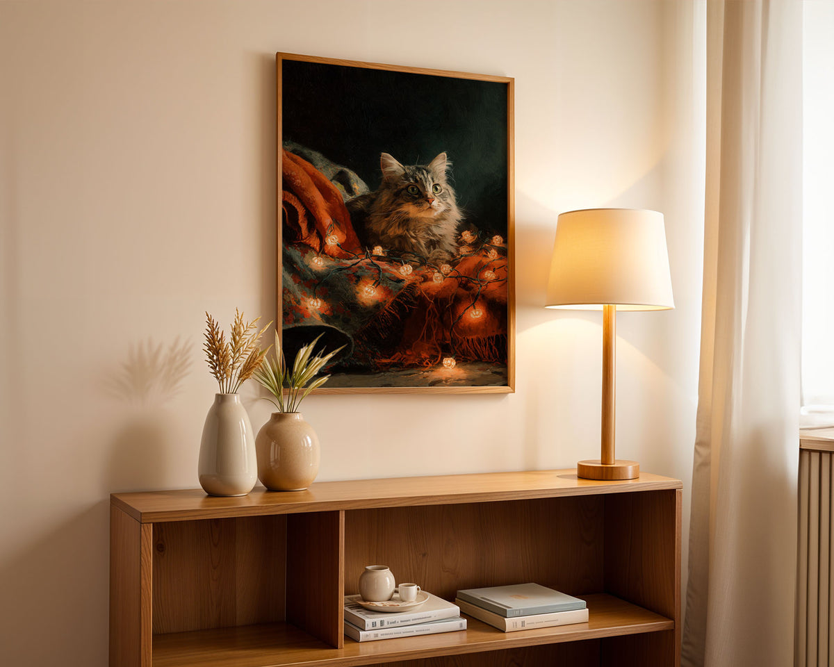 Lifestyle Posters A4 - Tabby cat portrait poster with warm pumpkin-coloured fairy lights and fabric