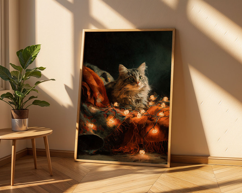 Lifestyle Posters A4 - Wall-mounted autumn cat print displaying glowing lights and festive mood
