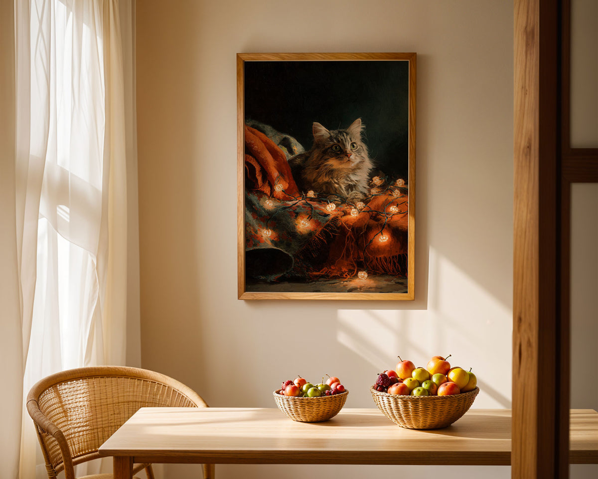 Lifestyle Posters A4 - Cat artwork poster showing deep green background with orange lights and fabrics