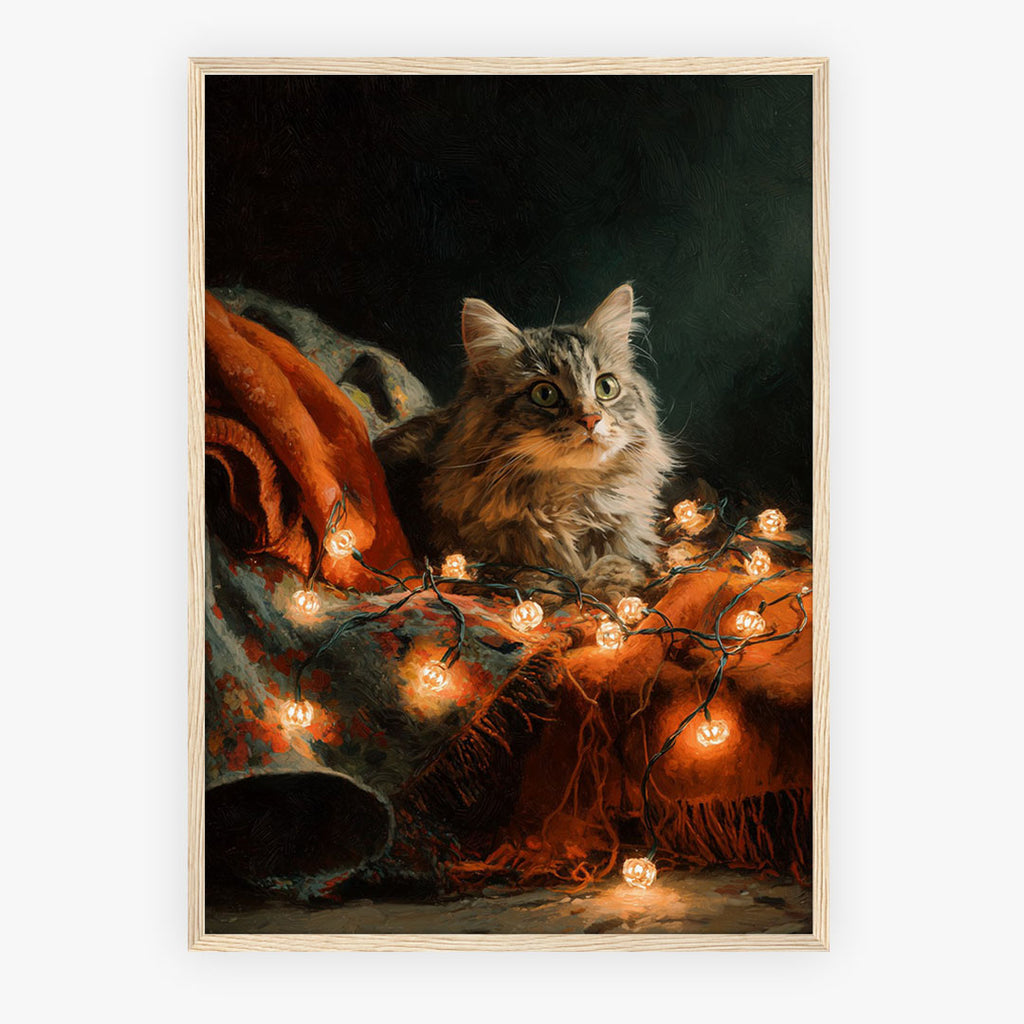 Lifestyle Posters A4 - Framed lifestyle image of cat with Halloween lights poster in home setting