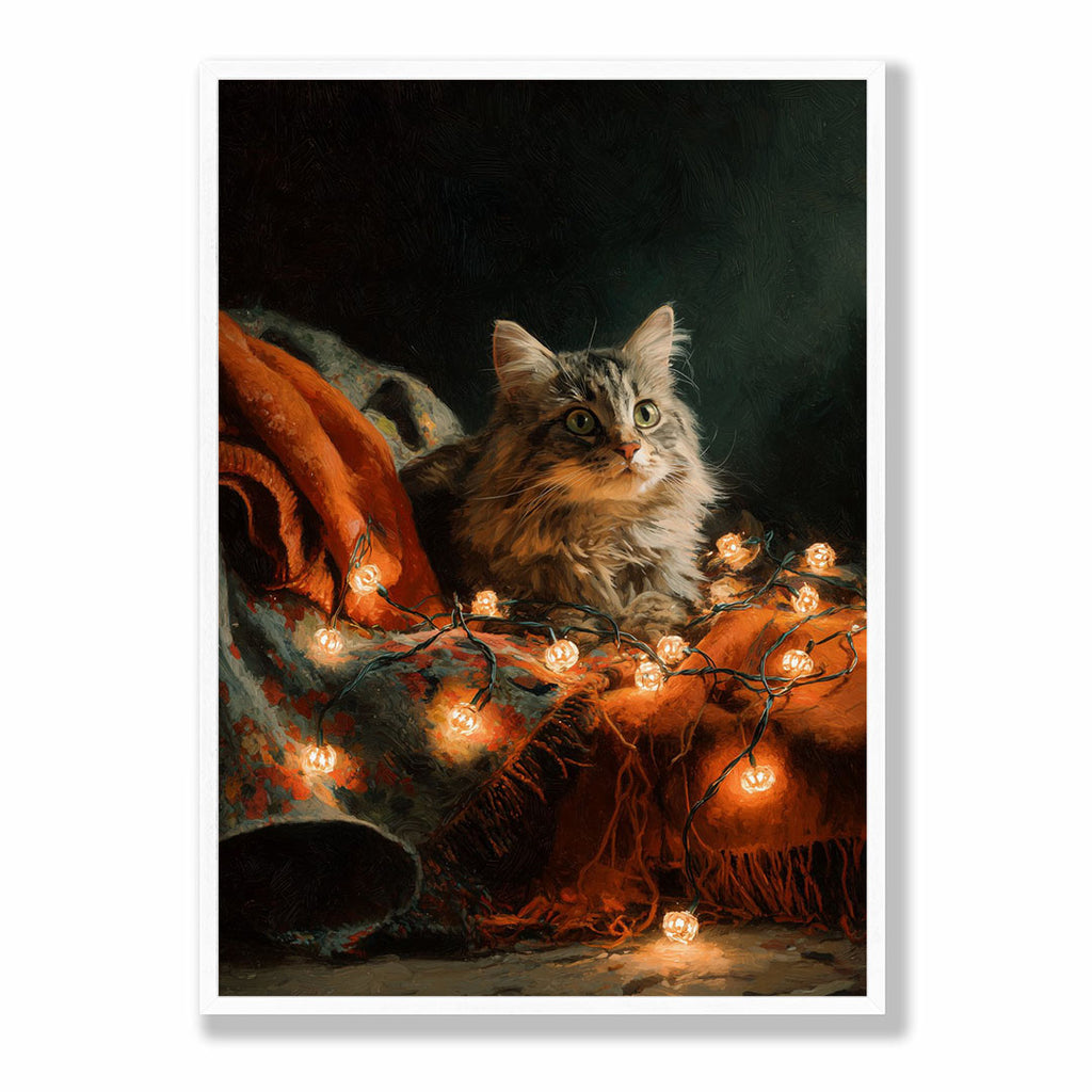 Lifestyle Posters A4 - Matte finish poster featuring magical cat and pumpkin lights autumn scene