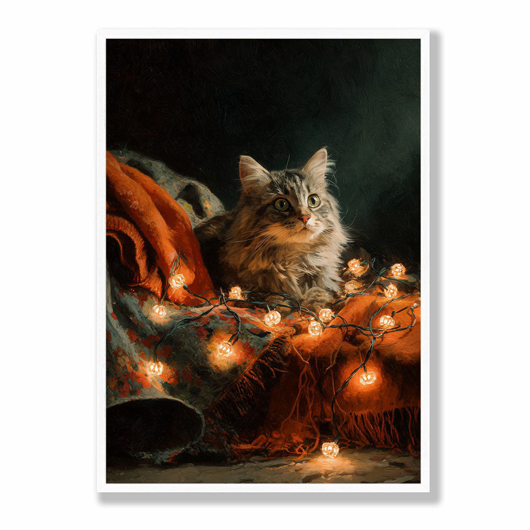 Lifestyle Posters A4 - Matte finish poster featuring magical cat and pumpkin lights autumn scene