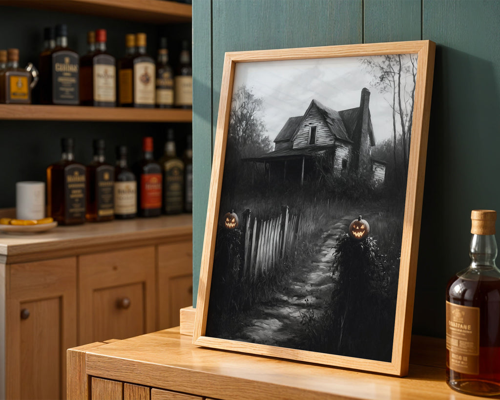 Lifestyle Posters A4 - Monochrome haunted mansion with glowing jack-o'-lanterns
