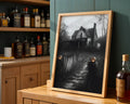 Lifestyle Posters A4 - Monochrome haunted mansion with glowing jack-o'-lanterns