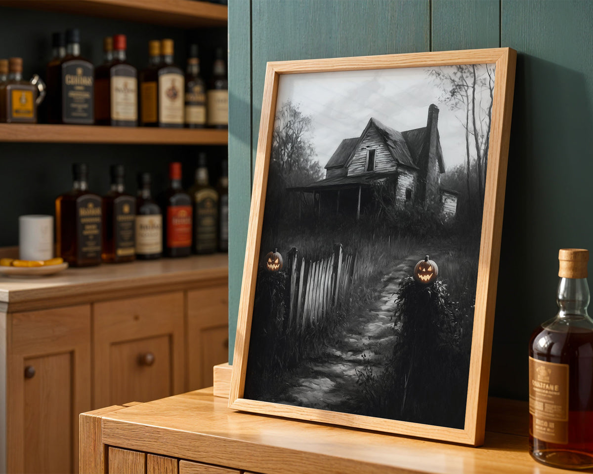 Lifestyle Posters A4 - Monochrome haunted mansion with glowing jack-o'-lanterns