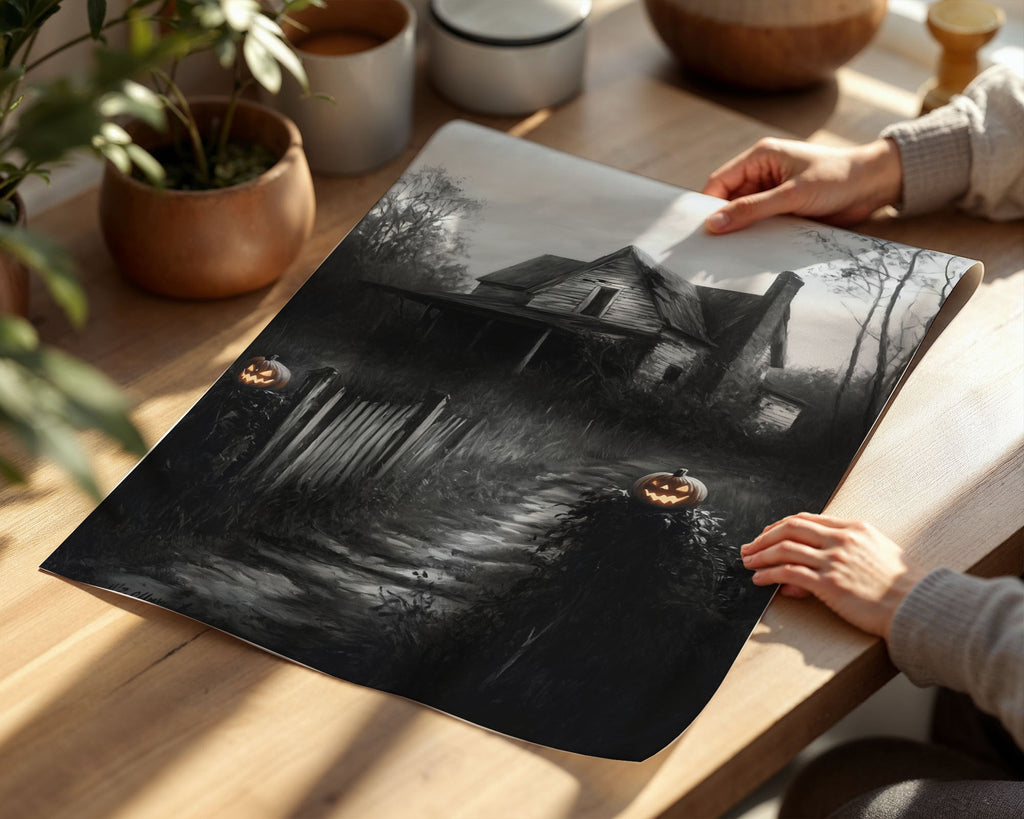 Lifestyle Posters A4 - Black and white spooky house surrounded by bare trees