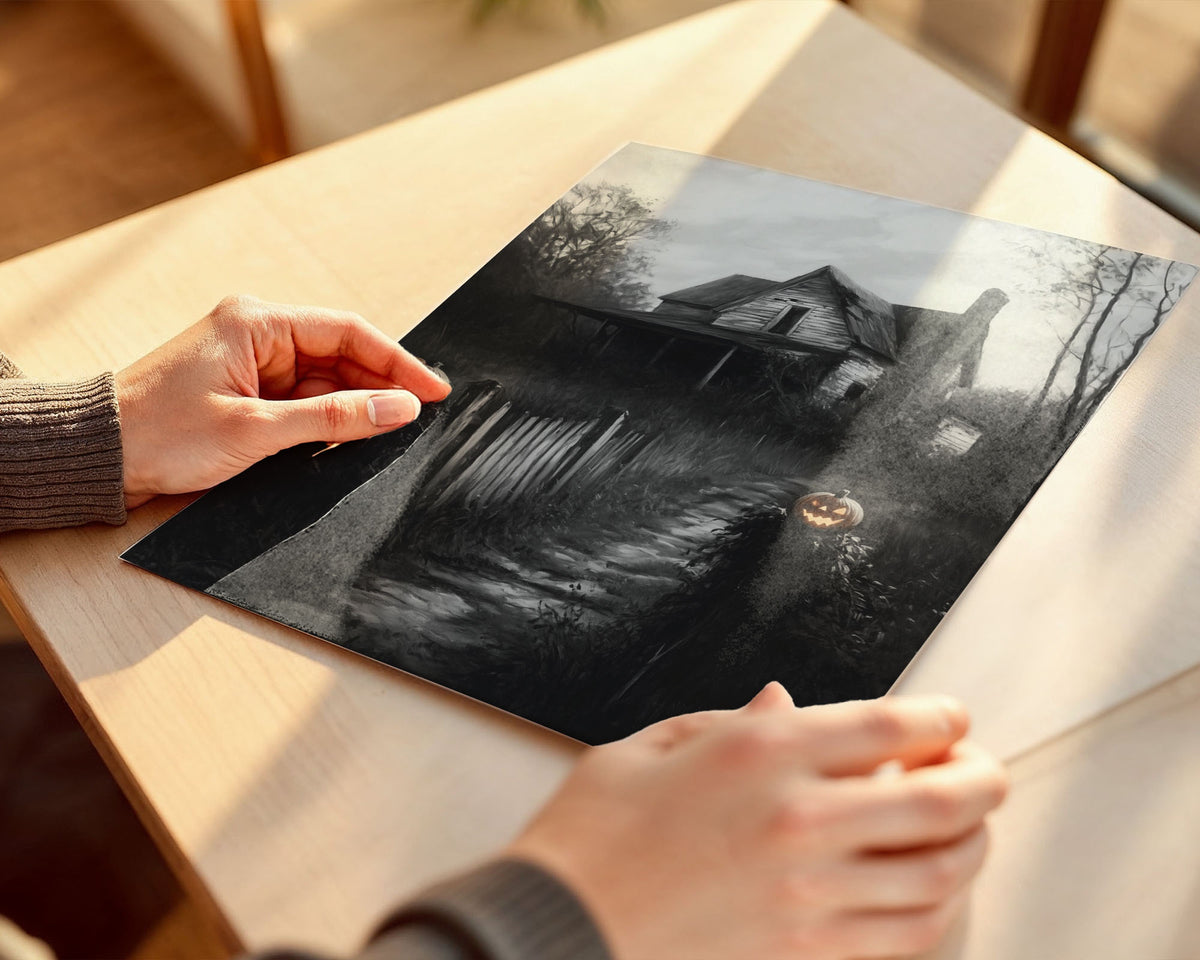 Lifestyle Posters A4 - Gothic Victorian house artwork with illuminated pumpkins