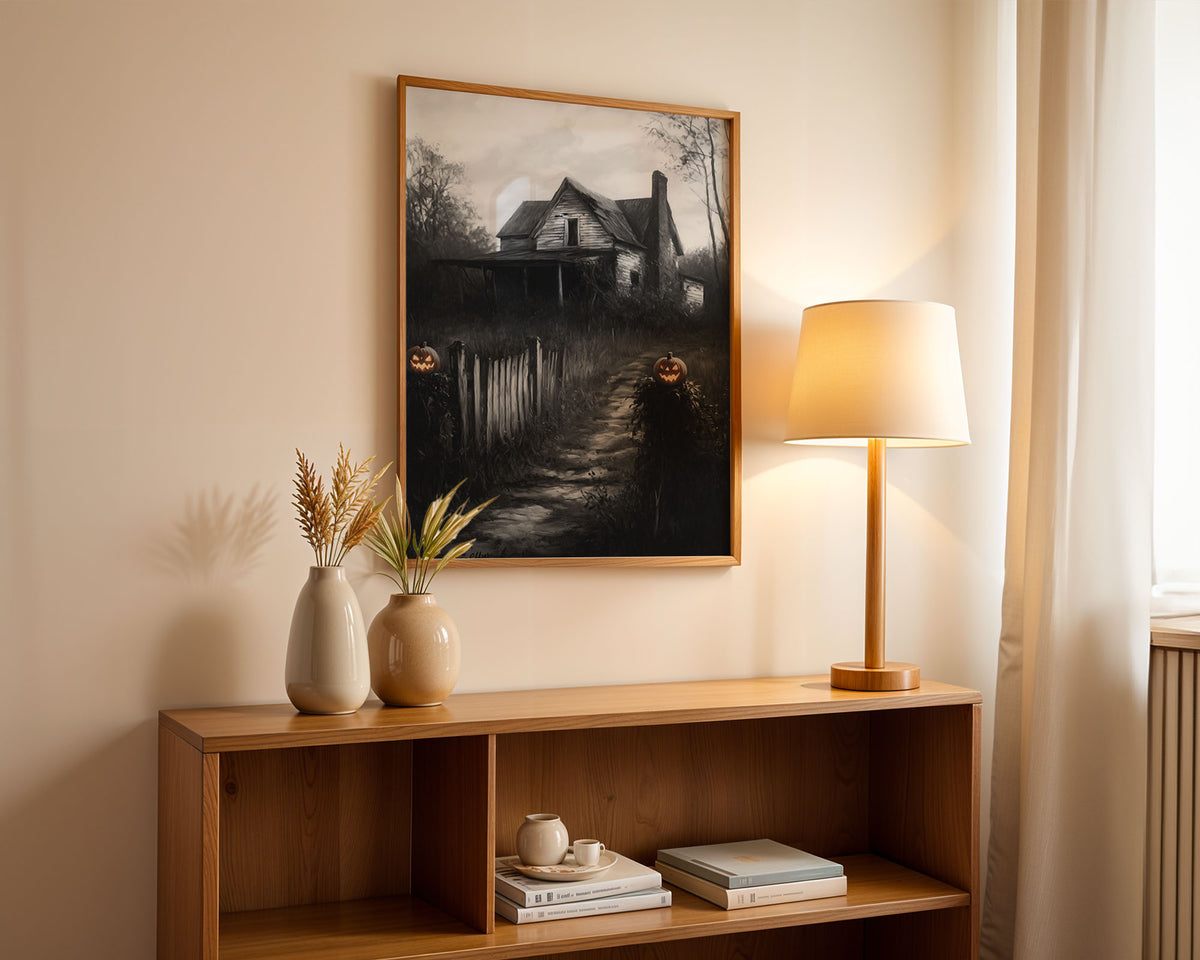 Lifestyle Posters A4 - Dark monochrome house illustration with festive jack-o'-lanterns