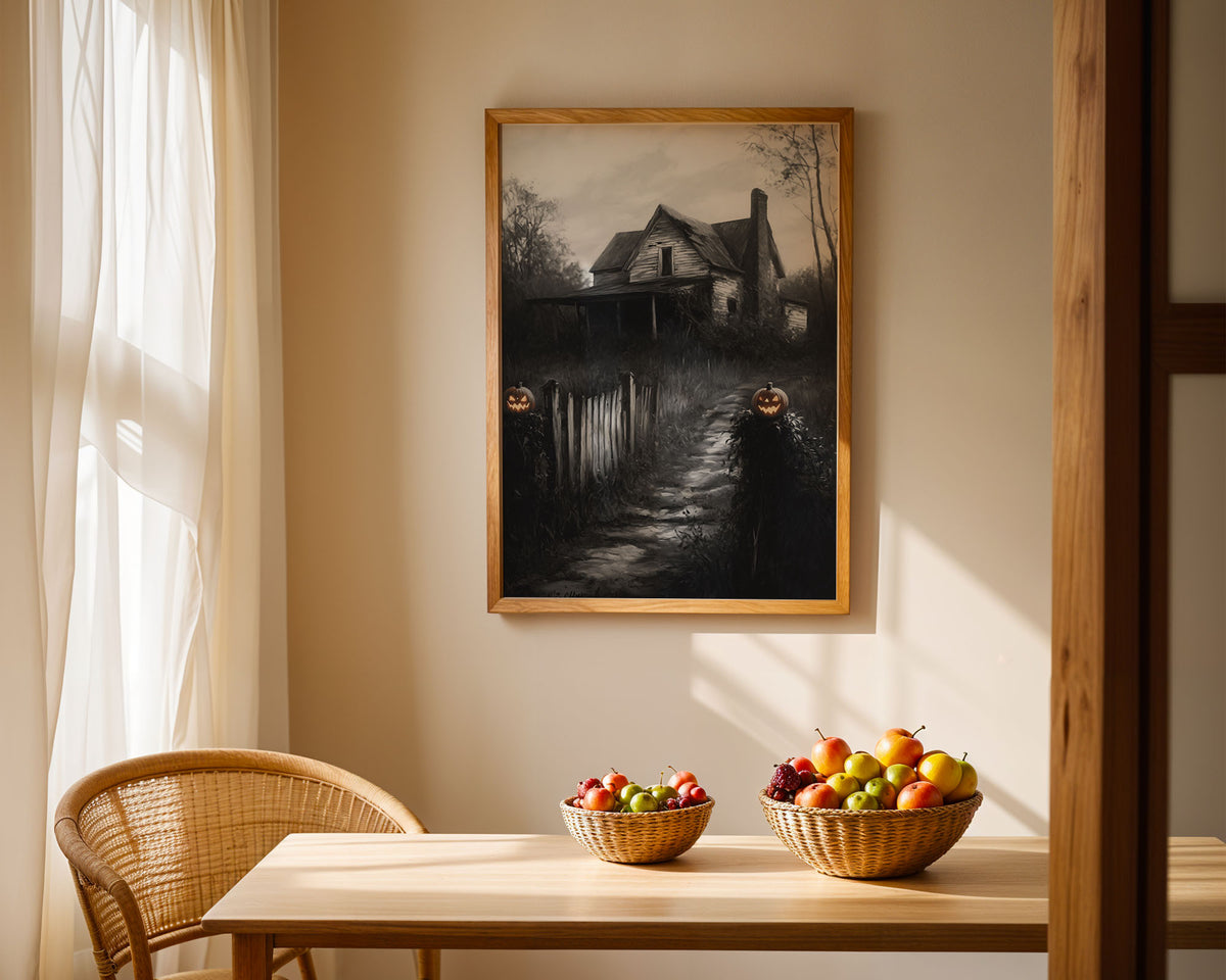 Lifestyle Posters A4 - Spooky house poster with glowing pumpkin sentries