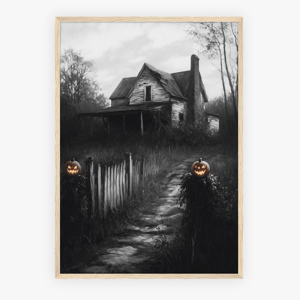 Lifestyle Posters A4 - Black white haunted manor surrounded by twisted trees