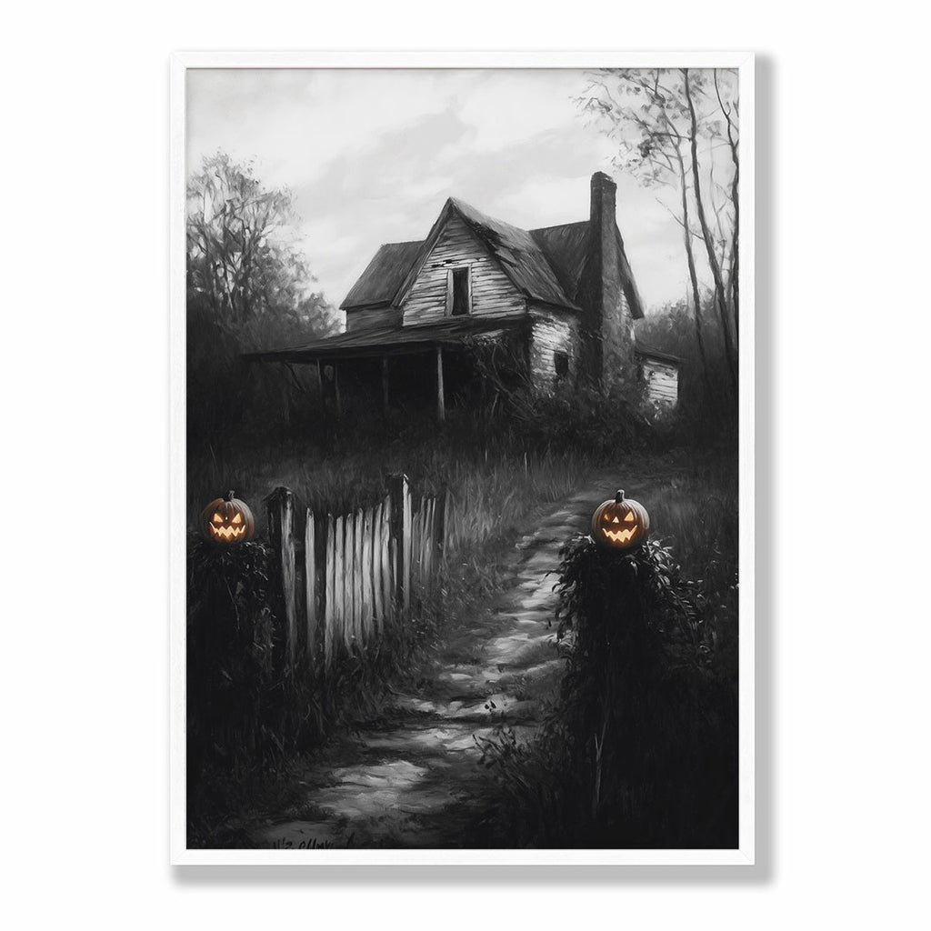 Lifestyle Posters A4 - Halloween haunted house artwork with carved pumpkin gatekeepers