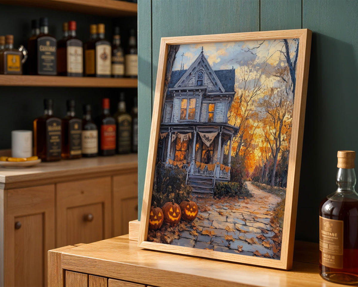 Lifestyle Posters - A4 matte print of a Victorian manor with lit windows and jack-o'-lanterns on an autumn pathway