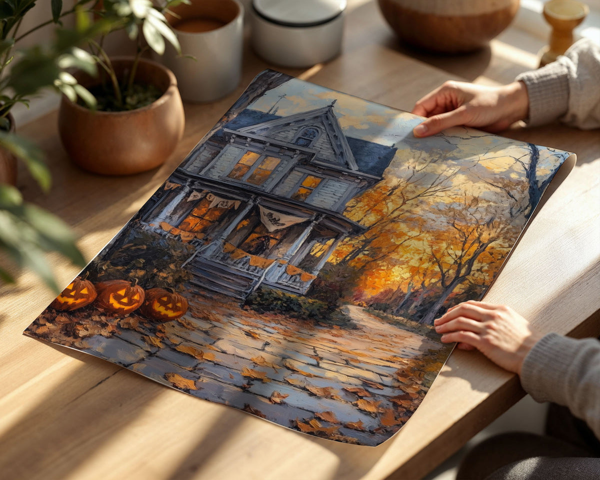 Lifestyle Posters - Close-up of painted glowing jack-o'-lanterns on fallen leaves in front of the spooky house