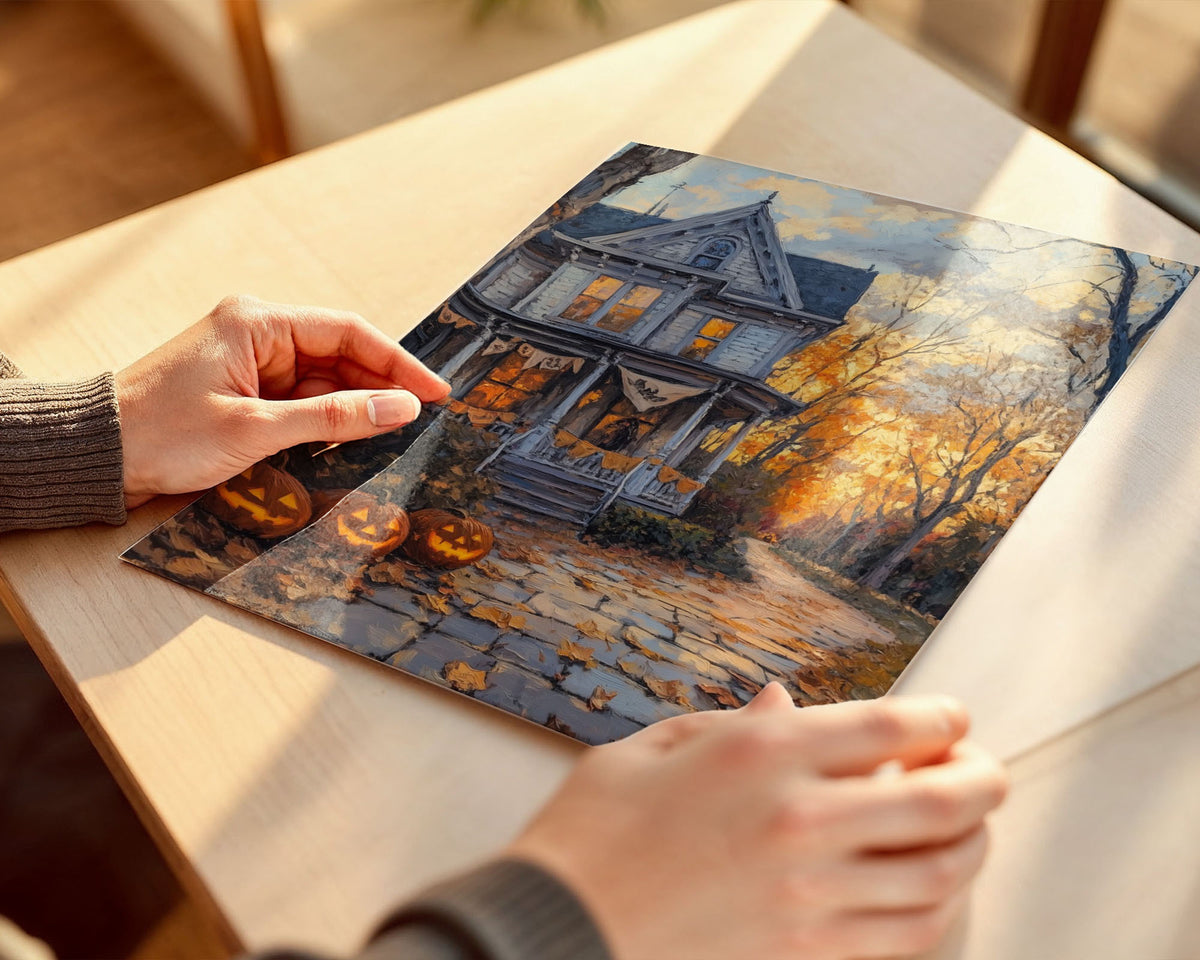 Lifestyle Posters - Detail of the manor's weathered wooden porch with Halloween decorations and lit windows