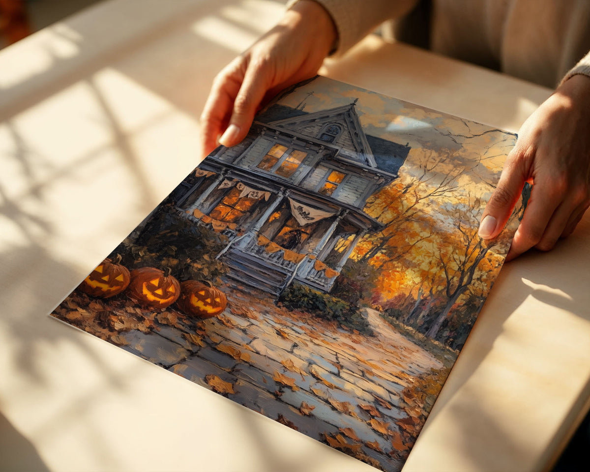 Lifestyle Posters - A3 framed print showing the full atmospheric autumn manor scene in a black frame