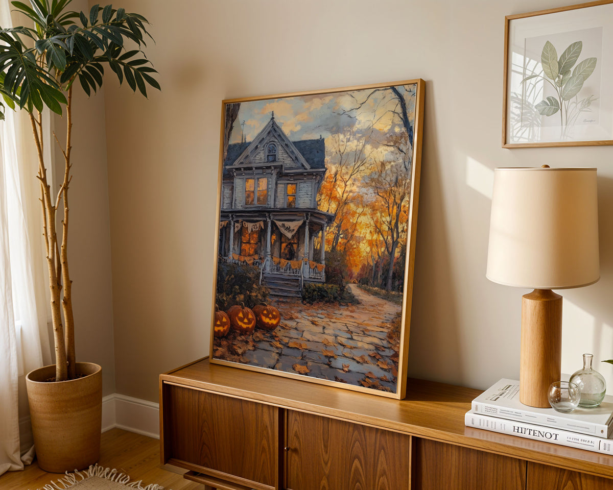 Lifestyle Posters - The poster displayed on a bedroom wall with warm autumnal lighting highlighting the artwork