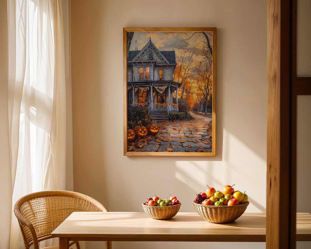 Lifestyle Posters - A4 white-framed print of the eerie manor surrounded by golden trees and autumn foliage